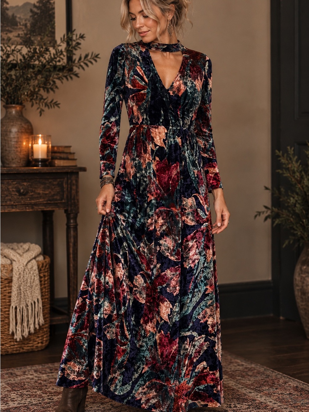 Floral Velvet Maxi Dress Long Sleeve whimsygoth, romantic Victorian